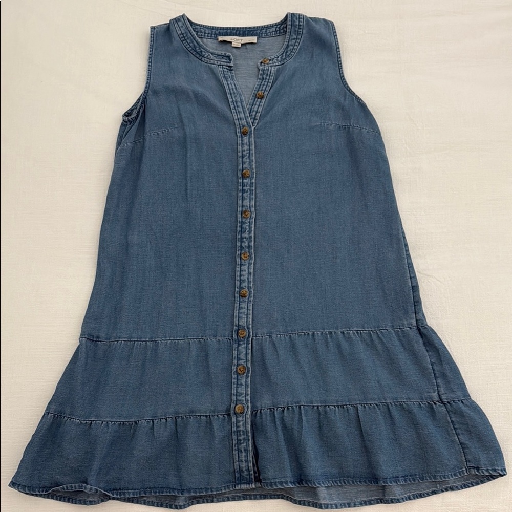 LOFT Denim Ruffle Button Mini Dress